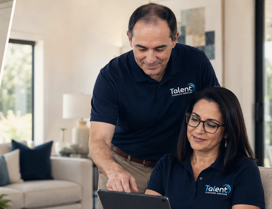 The owners Karla Paiva and John Vicente, in Talent Cleaning Services uniform, reviewing a schedule together on a tablet in a living room.