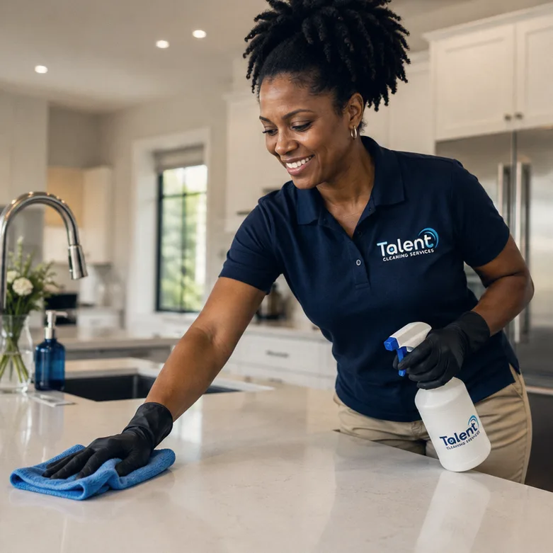 A Talent Cleaning Services professional in uniform wiping down a kitchen counter with a microfibre cloth and a spray bottle.