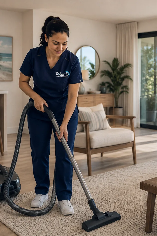 Uma profissional da Talent Cleaning Services aspirando o tapete da sala de um imovel de temporada de frente para o mar, com palmeiras e o oceano pelas portas de vidro.