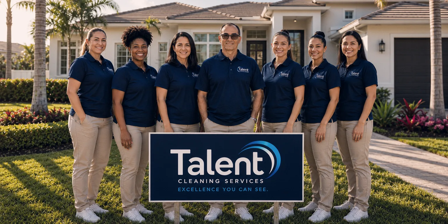 The Talent Cleaning Services team, seven people in navy uniforms, standing together in front of a South Florida house with the company sign in the front yard.