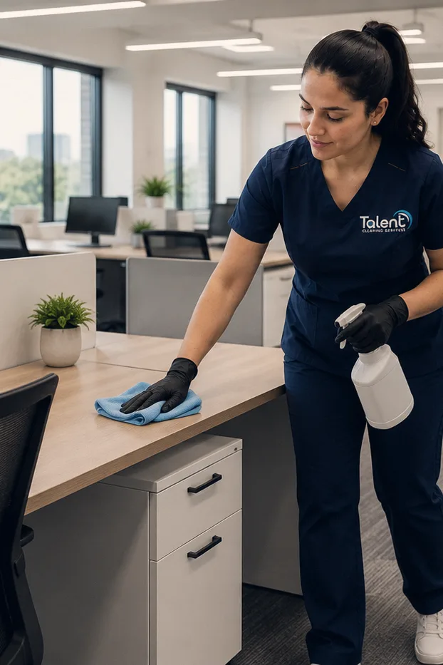 Uma profissional da Talent Cleaning Services limpando uma estacao de trabalho num escritorio aberto, com a sala de reuniao envidracada ao fundo.