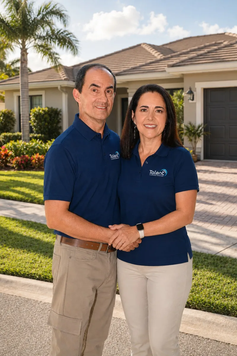 Karla Paiva & John Vicente, owners of Talent Cleaning Services, standing in front of a South Florida home