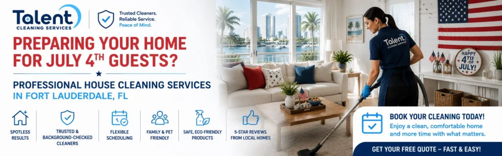 Gere uma imagem única, totalmente personalizada, estilo hero banner de blog com dimensão de 1600 x 500, com headline embutida e branding, pronta para usar no topo do artigo Preparing Your Home for July 4th Guests? Professional House Cleaning Services in Fort Lauderdale, FL